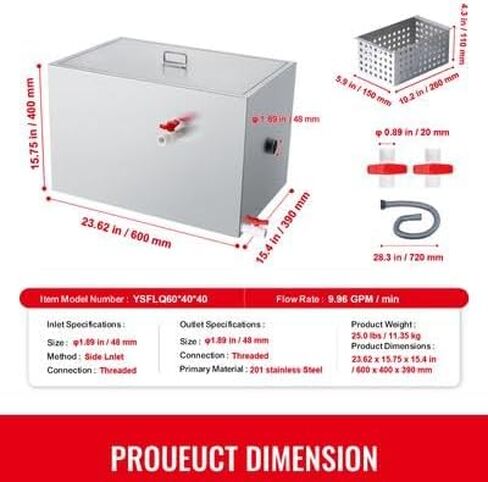 Happybuy Commercial Grease Trap - 40 LBS, Side Inlet, Under Sink, Stainless Steel, 10 GPM, for Restaurant, Canteen, Home Kitchen in Saudi Arabia