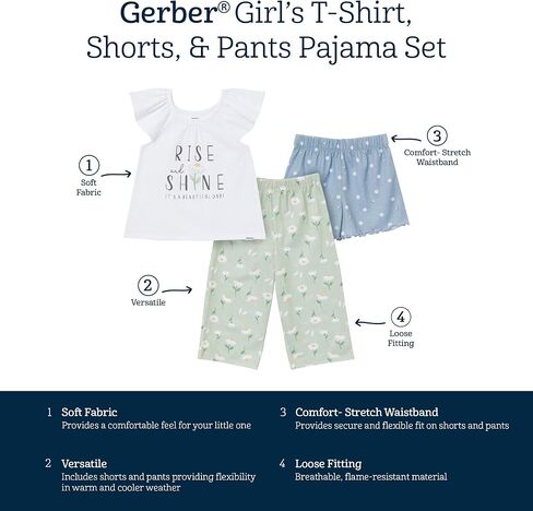 Gerber Baby Girl's 3-Piece Pajama Set (Polyester Jersey Top, Pants, + Shorts) in Saudi Arabia