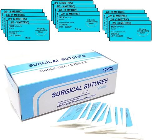 HTI Training Suture Thread 2-0 Silk Sterile with Needle Box of 12 Pcs for Nursing Student Training Kit RN, EMT, Vet Demo in Saudi Arabia