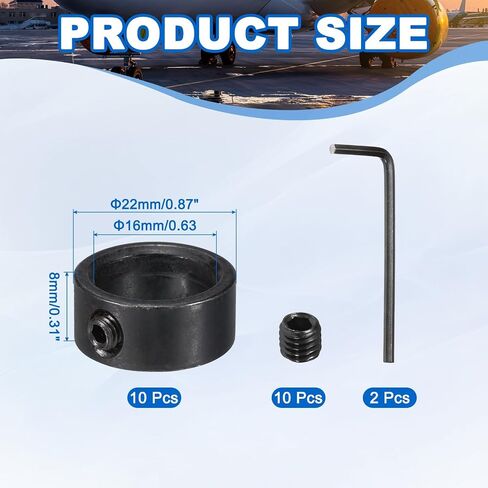 MECCANIXITY Bore 16 mm Shaft Collar 22 mm OD 8 mm Thickness Carbon Steel Landing Gear Stopper Wheel Collar with Set Screw & 2 Hex Wrench for Machine Tools Industry (Black, Pack of 10) in Saudi Arabia