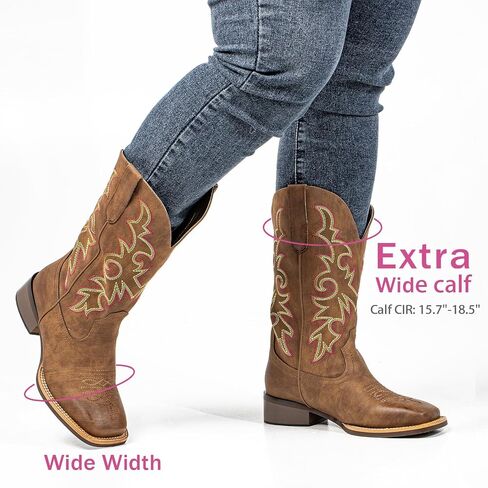 SheSole Women's Extra Wide Calf Cowboy Boots Square Toe – Pull-On Western Boots for Thick Calves, Stretch Comfort & Removable Insole, Classic Western Pattern in Saudi Arabia