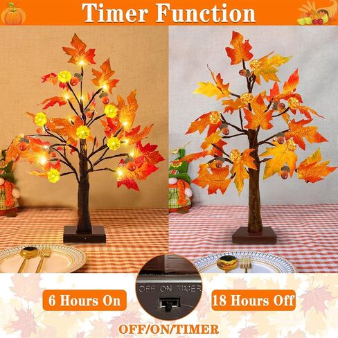 TURNMEON Fall Decor 2 Pack 18 Inch Prelit Fall Maple Tree Fall Decorations for Home with 48 LEDs Timer Battery Operated Lighted Pumpkins 6 Acorn Tabletop Halloween Thanksgiving Decorations Indoor in Saudi Arabia