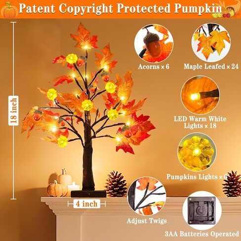 TURNMEON Fall Decor 2 Pack 18 Inch Prelit Fall Maple Tree Fall Decorations for Home with 48 LEDs Timer Battery Operated Lighted Pumpkins 6 Acorn Tabletop Halloween Thanksgiving Decorations Indoor in Saudi Arabia