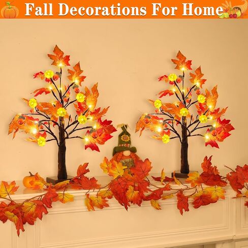 TURNMEON Fall Decor 2 Pack 18 Inch Prelit Fall Maple Tree Fall Decorations for Home with 48 LEDs Timer Battery Operated Lighted Pumpkins 6 Acorn Tabletop Halloween Thanksgiving Decorations Indoor in Saudi Arabia