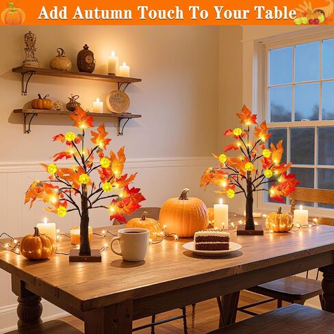 TURNMEON Fall Decor 2 Pack 18 Inch Prelit Fall Maple Tree Fall Decorations for Home with 48 LEDs Timer Battery Operated Lighted Pumpkins 6 Acorn Tabletop Halloween Thanksgiving Decorations Indoor in Saudi Arabia