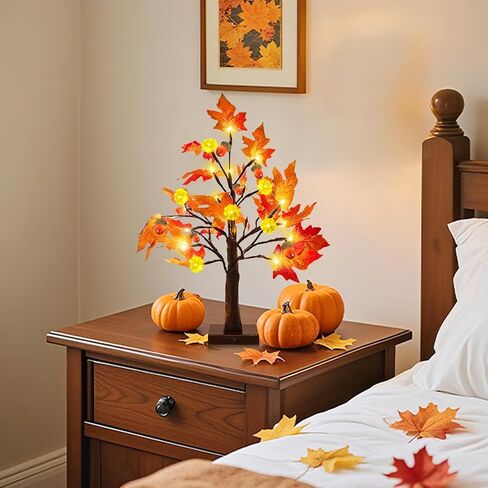 TURNMEON Fall Decor 2 Pack 18 Inch Prelit Fall Maple Tree Fall Decorations for Home with 48 LEDs Timer Battery Operated Lighted Pumpkins 6 Acorn Tabletop Halloween Thanksgiving Decorations Indoor in Saudi Arabia