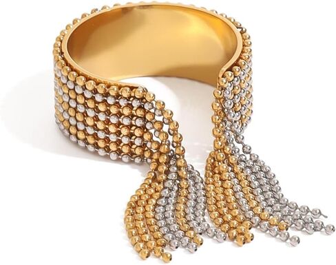 Wide Fashion Beaded Tassel Ring for Women Titanium Steel Gold Plated Round Small Ball Charms Open Wrap Finger Rings Adjustable Geometric Y2K Jewelry Gift for Holiday Wedding in Kuwait