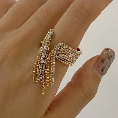 Wide Fashion Beaded Tassel Ring for Women Titanium Steel Gold Plated Round Small Ball Charms Open Wrap Finger Rings Adjustable Geometric Y2K Jewelry Gift for Holiday Wedding in Kuwait