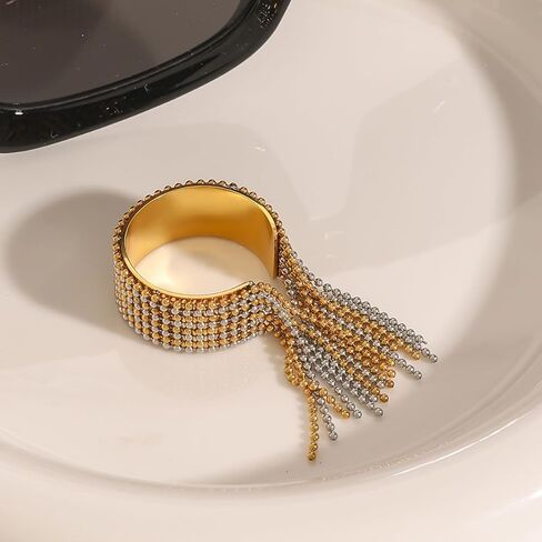 Wide Fashion Beaded Tassel Ring for Women Titanium Steel Gold Plated Round Small Ball Charms Open Wrap Finger Rings Adjustable Geometric Y2K Jewelry Gift for Holiday Wedding in Kuwait