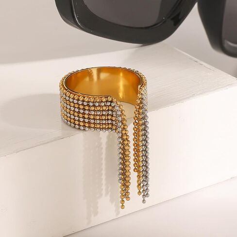 Wide Fashion Beaded Tassel Ring for Women Titanium Steel Gold Plated Round Small Ball Charms Open Wrap Finger Rings Adjustable Geometric Y2K Jewelry Gift for Holiday Wedding in Kuwait