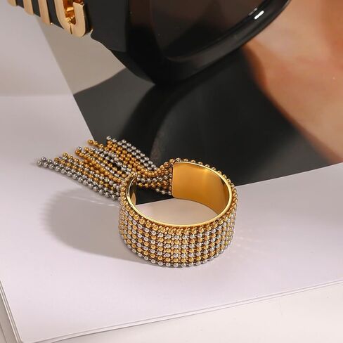 Wide Fashion Beaded Tassel Ring for Women Titanium Steel Gold Plated Round Small Ball Charms Open Wrap Finger Rings Adjustable Geometric Y2K Jewelry Gift for Holiday Wedding in Kuwait