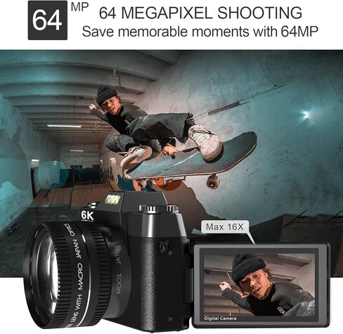 كاميرا رقمية 4K 56 ميجابكسل للتصوير الفوتوغرافي Nikicam vlogging Camera لـ YouTube مع شاشة Flip 180 درجة ، واي فاي ، تكبير رقمي 16x ، عدسة 52 مم ، بطاريتين ، بطاقة Micro SD 32 جيجابايت (أسود) in Kuwait