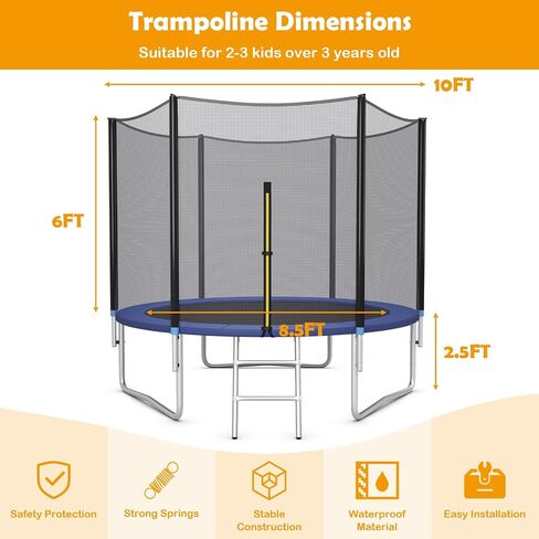 GYMAX Trampoline, 8FT 10FT 12FT 14FT 15FT 16FT Recreational Trampolines w/Safety Enclosure Net & Ladder - ASTM Certificated, Outdoor Trampoline for Kids and Adults in Saudi Arabia