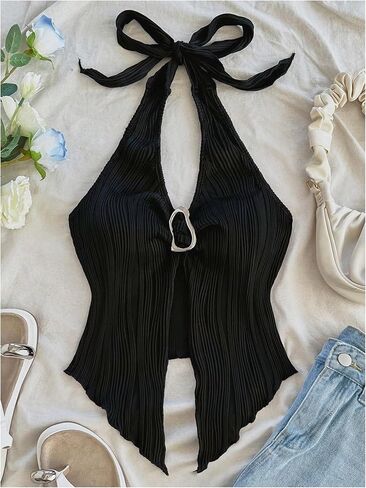 Milumia Women's Textured Tie Backless Halter Top Metal Decor Sleeveless Slit Hem Tank Tops in Kuwait