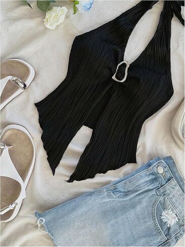 Milumia Women's Textured Tie Backless Halter Top Metal Decor Sleeveless Slit Hem Tank Tops in Kuwait