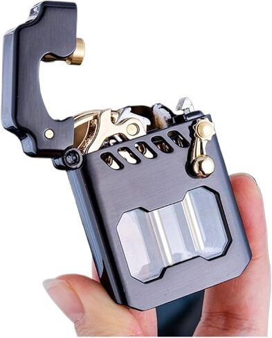 Vintage Trench Rocker Connecting Rod Transmission Gear Ignition Lighter, Old-Fashioned Metal Kerosene with Fuel Viewing Window Suitable for Outdoor Travel Camping(Silver) in Saudi Arabia