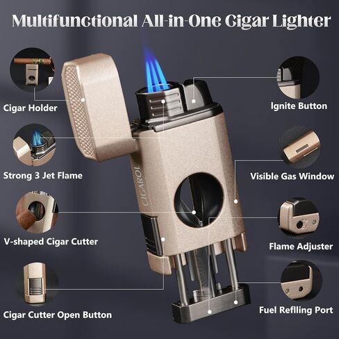 قابلة لإعادة ملء Cigarol 3-in-1 Lighter Lighter-Blue Jet Flame مع قاطع مدمج وحامل سيجار ، وجسم مقاوم للرياح ، ومجموعة هدايا مضغوطة ومتينة وممتازة لمحبي السيجار in Kuwait