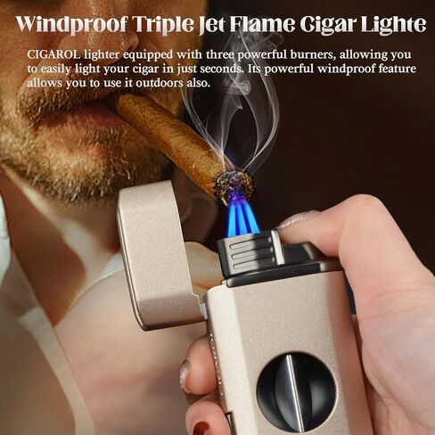 قابلة لإعادة ملء Cigarol 3-in-1 Lighter Lighter-Blue Jet Flame مع قاطع مدمج وحامل سيجار ، وجسم مقاوم للرياح ، ومجموعة هدايا مضغوطة ومتينة وممتازة لمحبي السيجار in Kuwait