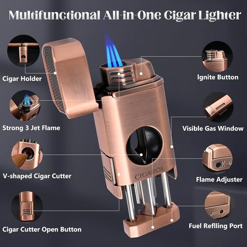 قابلة لإعادة ملء Cigarol 3-in-1 Lighter Lighter-Blue Jet Flame مع قاطع مدمج وحامل سيجار ، وجسم مقاوم للرياح ، ومجموعة هدايا مضغوطة ومتينة وممتازة لمحبي السيجار in Kuwait