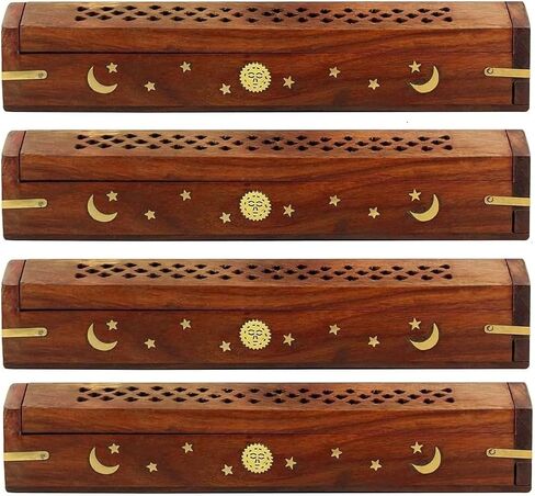 Sheesham Wood Incense Burner Holder - Set of 2 Coffin Style Sun Moon Inlay Handmade Aromatherapy Room Freshener Fragrance Cone Incense Stick Burner Ash Catcher - 12x2x2- Set of 2 Pieces in Saudi Arabia