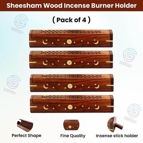 Sheesham Wood Incense Burner Holder - Set of 2 Coffin Style Sun Moon Inlay Handmade Aromatherapy Room Freshener Fragrance Cone Incense Stick Burner Ash Catcher - 12x2x2- Set of 2 Pieces in Saudi Arabia
