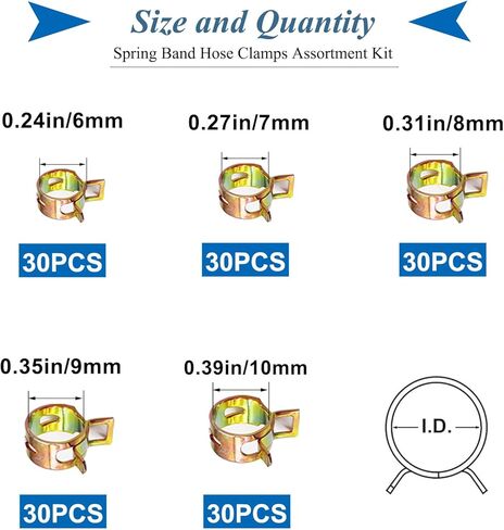 150Pcs Spring Band Hose Clamps Assortment Kit,5 Sizes Fuel Line Hose Clamps,Low Pressure Air Clip Strap Clamp for Silicone Vacuum Hose Clamp Fuel Line Clamps (6mm 7mm 8mm 9mm 10mm) in Kuwait