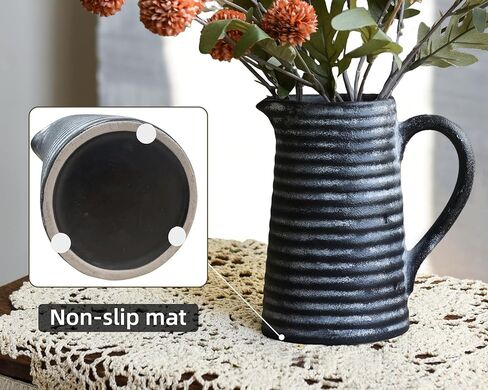 Quoowiit Ceramic Rustic Vase with Handle, Green Distressed Decorative Farmhouse Pitcher Vase for Home Decor Living Room Bedroom Kitchen Office Shelf Decor Centerpiece Table Decoration in Kuwait