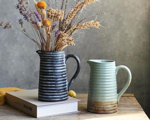 Quoowiit Ceramic Rustic Vase with Handle, Green Distressed Decorative Farmhouse Pitcher Vase for Home Decor Living Room Bedroom Kitchen Office Shelf Decor Centerpiece Table Decoration in Kuwait