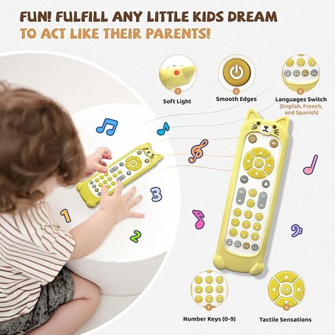 Baby TV Remote Toy with Lights & Sounds​​ - Interactive Learning Toy (3 Languages: English/Spanish/French), 50+ Musical Sounds, Realistic Design - Perfect 1 Year Old Gift for Boys & Girls (Black) in Kuwait