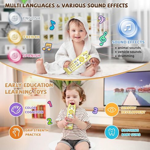 Baby TV Remote Toy with Lights & Sounds​​ - Interactive Learning Toy (3 Languages: English/Spanish/French), 50+ Musical Sounds, Realistic Design - Perfect 1 Year Old Gift for Boys & Girls (Black) in Kuwait