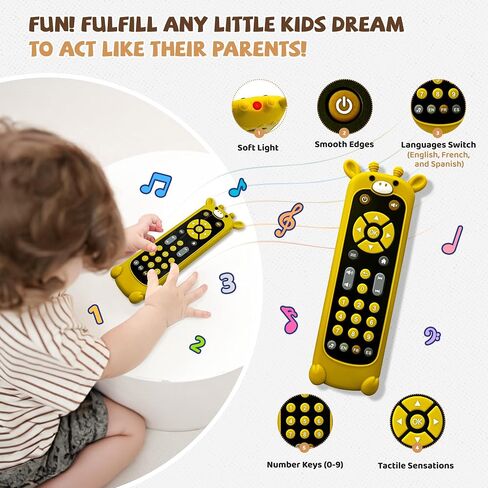 Baby TV Remote Toy with Lights & Sounds​​ - Interactive Learning Toy (3 Languages: English/Spanish/French), 50+ Musical Sounds, Realistic Design - Perfect 1 Year Old Gift for Boys & Girls (Black) in Kuwait