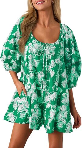 جرس Cicy Womens Summer Floral Romper فضفاضة مغرفة فانوس فانوس مختصرة مختصرة من ملابس الشاطئ الأمامية (القهوة ، X-Large) in Saudi Arabia