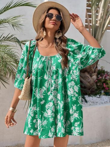 جرس Cicy Womens Summer Floral Romper فضفاضة مغرفة فانوس فانوس مختصرة مختصرة من ملابس الشاطئ الأمامية (القهوة ، X-Large) in Saudi Arabia