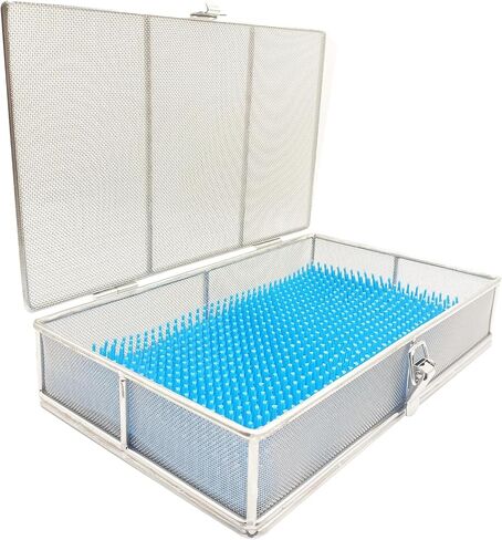 304 Stainless Steel Sterilization Basket with Silicone Mat & Lid, 11.81"x7.87"x2.75" (30x20x7cm) – Ultrasonic Perforated Mesh Tray for Ophthalmic, ENT Instruments, Cleaning & Sterilization in Kuwait