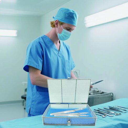 304 Stainless Steel Sterilization Basket with Silicone Mat & Lid, 11.81"x7.87"x2.75" (30x20x7cm) – Ultrasonic Perforated Mesh Tray for Ophthalmic, ENT Instruments, Cleaning & Sterilization in Kuwait