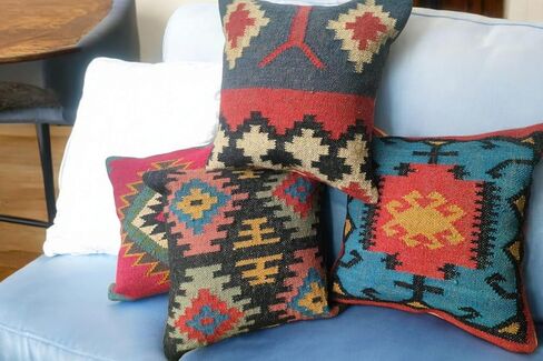 Handwoven Geometric Throw Pillow Covers, Aztec Pattern, Green and Beige, 18x18 Inches, Set of 4 (1, Color 10) in Saudi Arabia