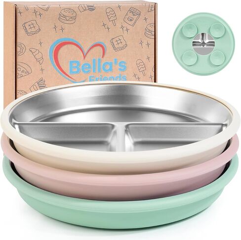 Bella's Friends Stainless Steel Kids Plates 8" Suction Plate for Baby,3 Packs Non-Toxic Divided Toddler Plates,Food-Grade Silicone Plate for Baby,Dishwasher Safe,purple,dark green,rose in Saudi Arabia