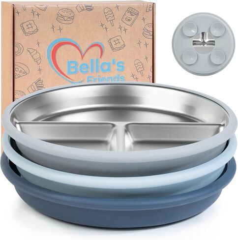 Bella's Friends Stainless Steel Kids Plates 8" Suction Plate for Baby,3 Packs Non-Toxic Divided Toddler Plates,Food-Grade Silicone Plate for Baby,Dishwasher Safe,purple,dark green,rose in Saudi Arabia