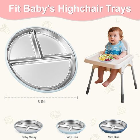 Bella's Friends Stainless Steel Kids Plates 8" Suction Plate for Baby,3 Packs Non-Toxic Divided Toddler Plates,Food-Grade Silicone Plate for Baby,Dishwasher Safe,purple,dark green,rose in Saudi Arabia