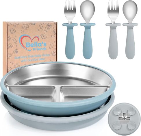 Bella's Friends Stainless Steel Kids Plates 8" Suction Plate for Baby,3 Packs Non-Toxic Divided Toddler Plates,Food-Grade Silicone Plate for Baby,Dishwasher Safe,purple,dark green,rose in Saudi Arabia