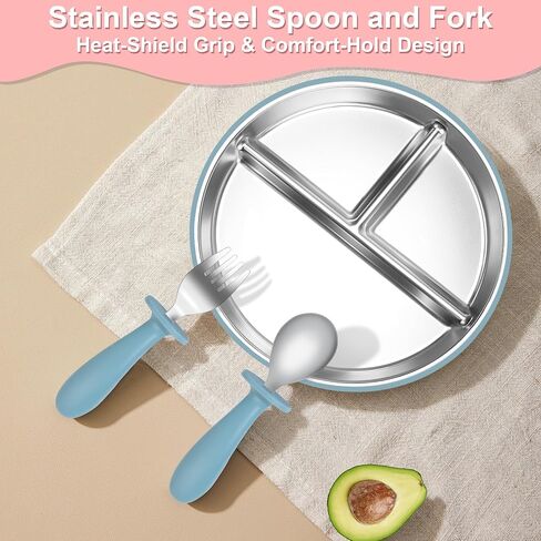 Bella's Friends Stainless Steel Kids Plates 8" Suction Plate for Baby,3 Packs Non-Toxic Divided Toddler Plates,Food-Grade Silicone Plate for Baby,Dishwasher Safe,purple,dark green,rose in Saudi Arabia