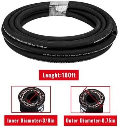 Happybuy Hydraulic Hose 3/8 inch x 100 ft, 4800 PSI Coiled Rubber Hose with 2 High-Tensile Steel Wire Braid, Flexible Bulk Hydraulic Hose -20°C to 140°C in Saudi Arabia