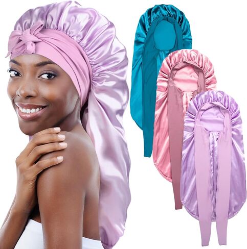3PCs Bonnets for Black Women - Braid Bonnet, Satin Silk Sleep Bonnet with Stretchy Tie Band for Long Curly Hair (Blue, Rose Pink, Purple) in Kuwait