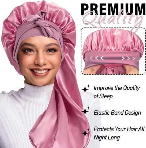 3PCs Bonnets for Black Women - Braid Bonnet, Satin Silk Sleep Bonnet with Stretchy Tie Band for Long Curly Hair (Blue, Rose Pink, Purple) in Kuwait