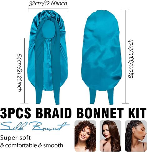 3PCs Bonnets for Black Women - Braid Bonnet, Satin Silk Sleep Bonnet with Stretchy Tie Band for Long Curly Hair (Blue, Rose Pink, Purple) in Kuwait