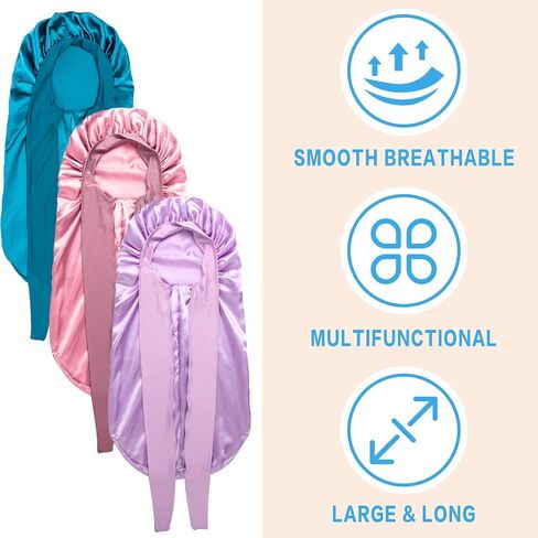 3PCs Bonnets for Black Women - Braid Bonnet, Satin Silk Sleep Bonnet with Stretchy Tie Band for Long Curly Hair (Blue, Rose Pink, Purple) in Kuwait