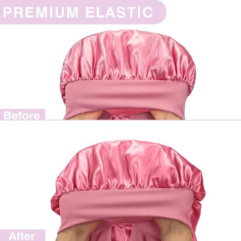 3PCs Bonnets for Black Women - Braid Bonnet, Satin Silk Sleep Bonnet with Stretchy Tie Band for Long Curly Hair (Blue, Rose Pink, Purple) in Kuwait