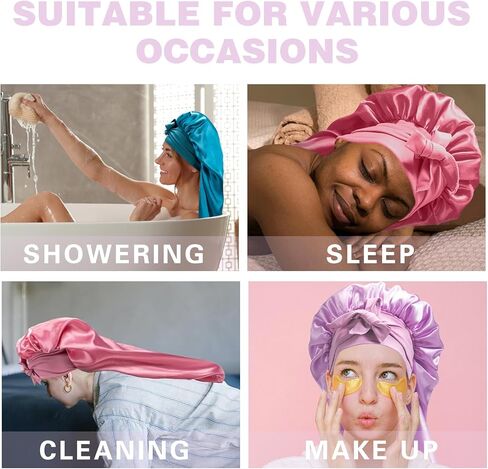 3PCs Bonnets for Black Women - Braid Bonnet, Satin Silk Sleep Bonnet with Stretchy Tie Band for Long Curly Hair (Blue, Rose Pink, Purple) in Kuwait