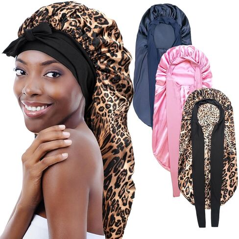 3PCs Bonnets for Black Women - Braid Bonnet, Satin Silk Sleep Bonnet with Stretchy Tie Band for Long Curly Hair (Blue, Rose Pink, Purple) in Kuwait