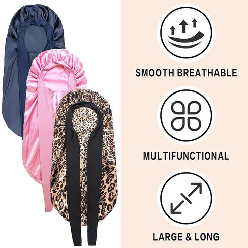 3PCs Bonnets for Black Women - Braid Bonnet, Satin Silk Sleep Bonnet with Stretchy Tie Band for Long Curly Hair (Blue, Rose Pink, Purple) in Kuwait
